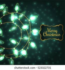 Colorful Green Glowing Christmas Lights.Vector elements can be used as backdrop for new Year decoration. Holiday Illustration, luminous electric garland, shiny light bulbs and wire.