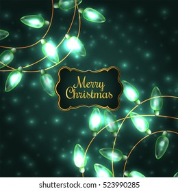 Colorful Green Glowing Christmas Lights.Vector elements can be used as backdrop for new Year decoration. Holiday Illustration, luminous electric garland, shiny light bulbs and wire.