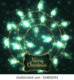 Colorful Green Glowing Christmas Lights.Vector elements can be used as backdrop for new Year decoration. Holiday Illustration, luminous electric garland, shiny light bulbs and wire.