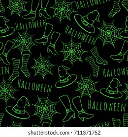 Colorful green hand drawn vector halloween seamless pattern on the black background. 
Includes witches hat, stockings, shoes and spider webs.