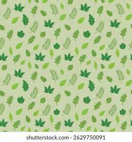 Colorful green leaves in seamless pattern on pale background, perfect for eco designs, textiles, or wallpapers. Vector art
