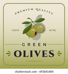 Colorful Green Olives Packaging. Green Olives Label Vector Illustration.