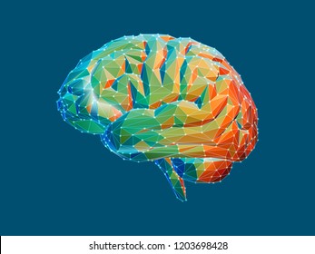 Colorful green and orange low poly side view human brain illustration with connection dots isolated on dark green background