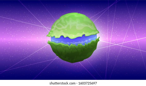 Colorful green planet from a distant galaxy in cartoon style.