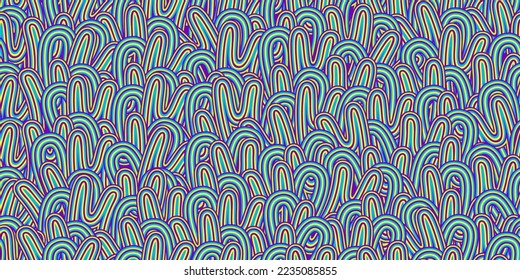 Colorful green purple psychedelic swirl seamless pattern with hallucination swirls. Vector illustration. Trippy 70s textile background. Groovy design