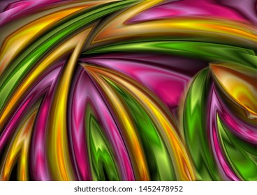 Colorful green, purple and yellow modern glossy art pattern design. Vector geometric background with abstract curved wavy shapes