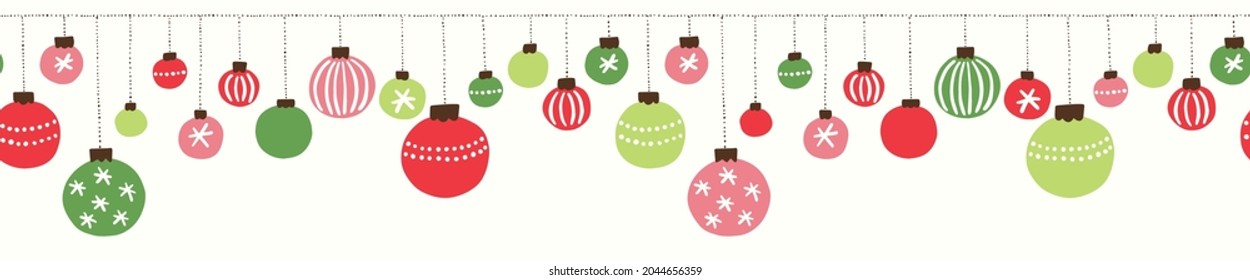 Colorful Green and Red Christmas Hanging Baubles Hand Drawn Vector Seamless Pattern Horizontal Border. Winter Holiday, New Year Party Print. Modern Festive Illustration Background