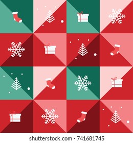 Colorful green and red Christmas illustration pattern with snowflakes, pine tree icons and gift boxes, can be used for wrapping paper