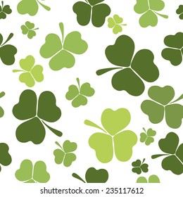 colorful green shamrock or clover leaves isolated on white background, Irish symbol of Patrick day celebration. seamless background