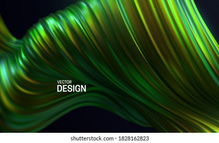 Colorful green striped wave. Liquid flowing shape. Vector 3d illustration. Abstract colorful background. Vibrant gradient stream. Fluid paint wallpaper. Modern cover design