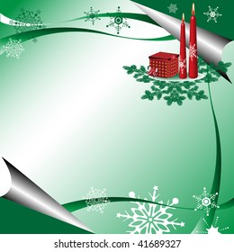 Colorful green winter greeting with red candles, present box, green fir branches and various snowflakes