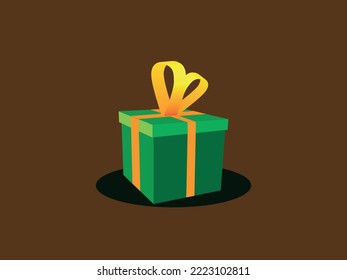Colorful Green Wrapped Gift Box with Gold Yellow Ribbon Isolated on Brown Background Vector Illustration