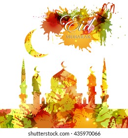Colorful greeting background with mosque, half moon, paint splashes and congratulatory text Eid Mubarak.