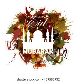 Colorful greeting background with mosque, paint splashes and congratulatory text Eid Mubarak.