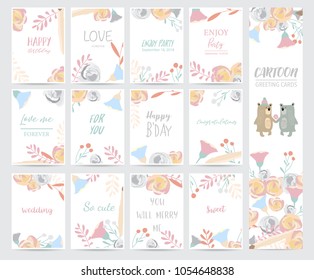 Colorful greeting card with bear,flower,leaf and plant