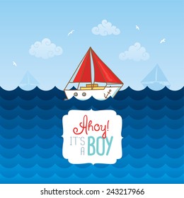 Colorful greeting card for boy's birthday in marine style svg