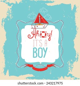 Colorful greeting card for boy's birthday in marine style svg