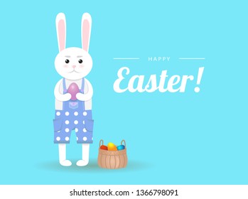 Colorful greeting card with bunny. Cute Rabbit cartoon character with basket on Easter egg hunt. Place for your text. Eps10 vector illustration.