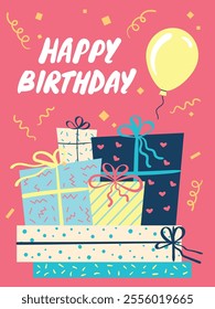 Colorful greeting card celebrating a happy birthday with a pile of wrapped gifts, decorated with ribbons and bows and a floating balloon on a vibrant pink background with confetti and streamers.