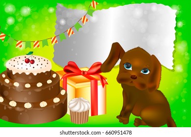Colorful greeting card with cute dog. 