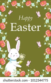 Colorful greeting card with Easter flowers and Bunny the composition of the elements. Floral wreath. Vintage. Vector.