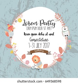 Colorful greeting card with fox,lion,owl,flower,leaf and plant