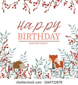 Colorful greeting card with fox,porcupine,flower,leaf and plant