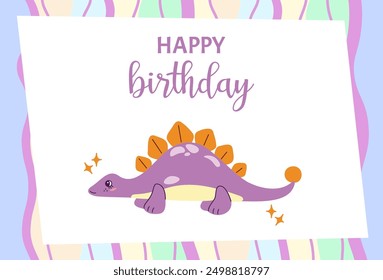 Colorful greeting card with hand drawn dinosaur. Vector illustration for kids happy birthday