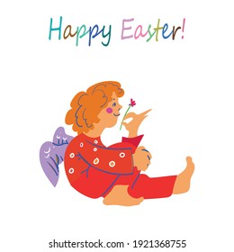 Colorful greeting card Happy Easter with an angel.