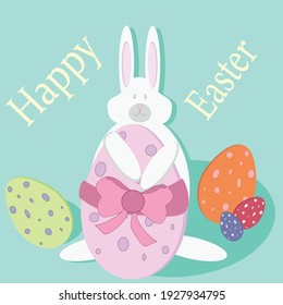 Colorful greeting card. Happy Easter with egg flowers, rabbit gives Easter eggs. EPS10 vector file