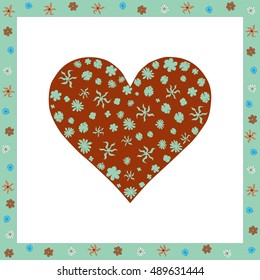 Colorful greeting card:  heart decorated with flowers within green floral frame on white background for Valentine