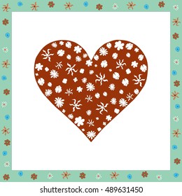 Colorful greeting card:  heart decorated with flowers within green floral frame on white background for Valentine