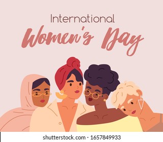 Colorful greeting card for International Women's day. Trendy girls together. Festive card with fashionable young ladies. Feminism and sisterhood concept. Vector illustration in flat cartoon style