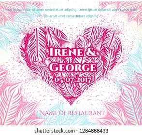 Colorful greeting card with ornate heart, floral, feathers pattern and text. Layout for wedding day. Invitation card for Valentines day. Vintage. Hand drawn ornament/ Line art.