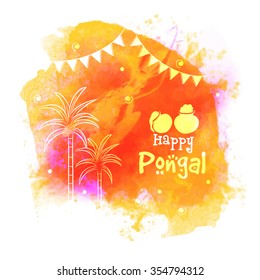 Colorful greeting card with sugarcane for South Indian Harvesting Festival, Happy Pongal celebration.