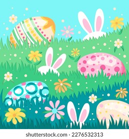 colorful greeting card template with Easter egg in field with flowers and rabbits on green background. Design greeting card, cover, post, flyer, print, wallpaper. Vector illustration. 