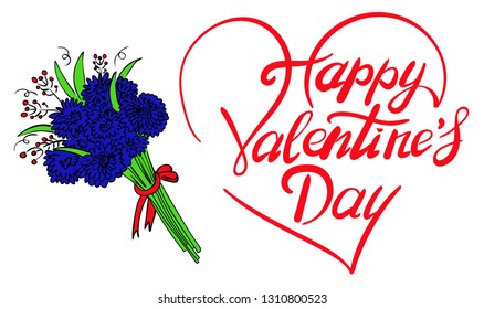 Colorful greeting card in vector with blue flowers and red handwritten words Happy Valentine's Day Greeting card with heart. 
Illustration. Template for print, card, postcard