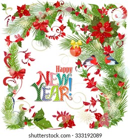 Colorful greeting card with winter pattern and birds for your design. Happy New Year.