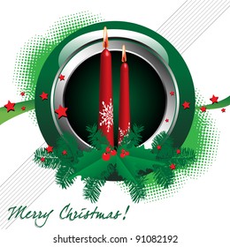 Colorful greeting with green rounded frame, fir branches, mistletoe and two red candles burning for Christmas