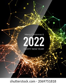 Colorful greeting happy new year 2022 and merry christmas. Dot and line connection. Big data network. Plexus vector background