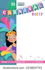 Cartaz colorido de boas-vindas para a festa de carnaval com uma linda menina brasileira. Local da mensagem de texto. Ilustração vetorial.