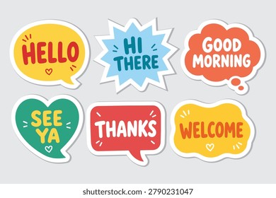 Colorful greeting speech bubble sticker set – hello, hi there, good morning, thanks, welcome, see ya, fun text labels in cute flat design