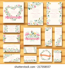 colorful greeting wedding invitation card illustration set. Flower vector design concept collection