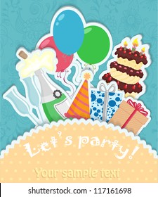 Colorful greeting/invitation card with balloons, gift boxes, a bottle of champagne, a cake and a party hat in paper style