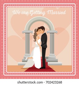 colorful gretting card with couple groom and bride kissing text we are getting married