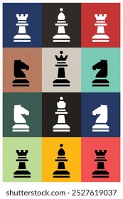 A colorful grid of chess piece icons, featuring in a modern, minimalist style, with Retro Color