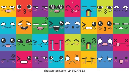 Colorful grid of expressive emoticon faces. Happy surprised faces, doodle characters mouth and eyes. Shy, love and kiss kawaii manga emotion. Vibrant Vector Illustration Collection set