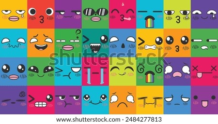 Colorful grid of expressive emoticon faces. Happy surprised faces, doodle characters mouth and eyes. Shy, love and kiss kawaii manga emotion. Vibrant Vector Illustration Collection set