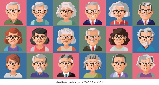 A colorful grid features a variety of elderly characters, each with distinct hairstyles and glasses. Their cheerful expressions showcase the diversity of age and personality.