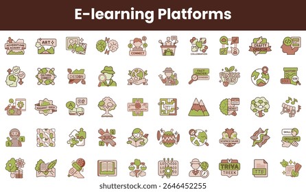 Uma grade colorida de ilustrações que destaca várias plataformas e assuntos de e-learning, mostra criatividade, colaboração e engajamento na educação on-line.